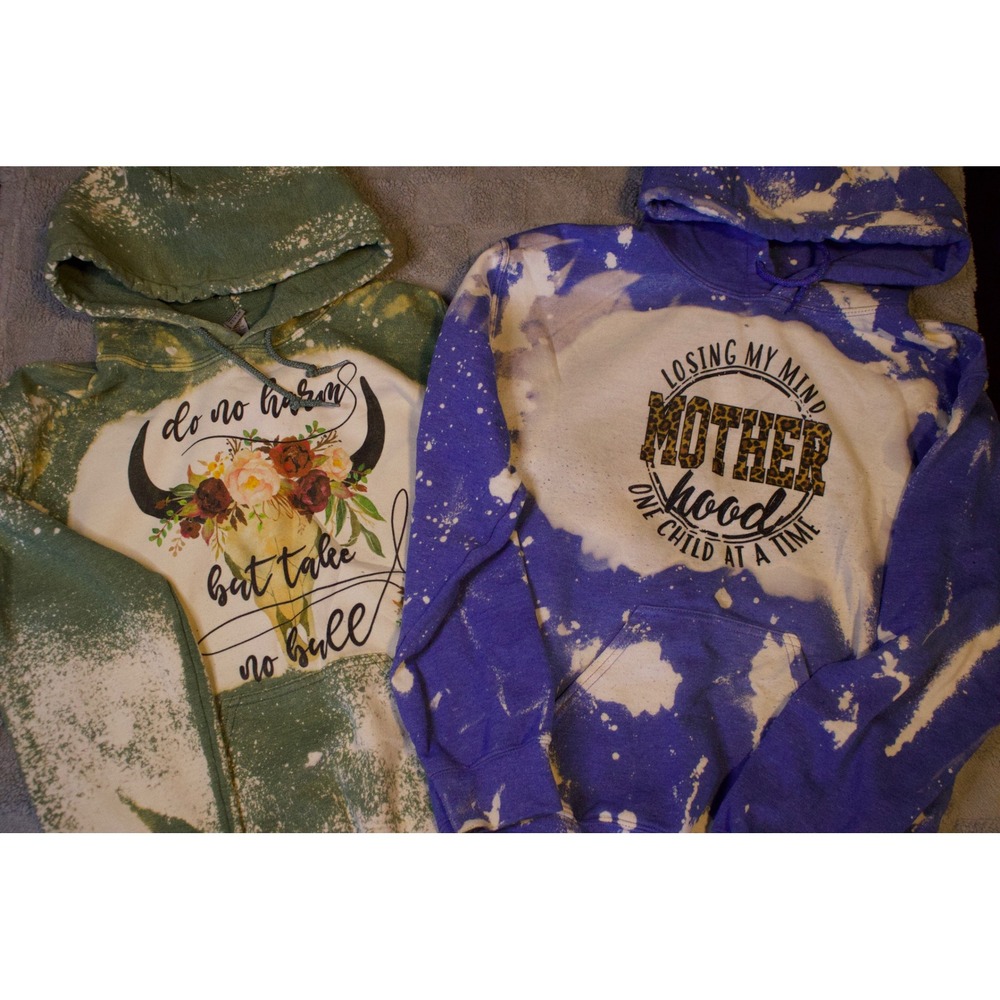 Custom Bleached Graphic Hoodie Lot Motherhood & Western Bull Skull Green Purple - Picture 3 of 7